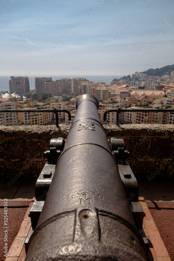 Antique canon barrel aiming at Monaco