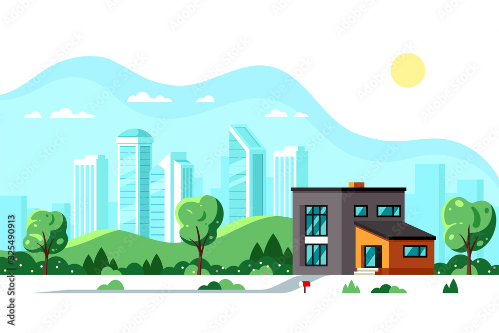 Obraz premium Modern house with big city on background