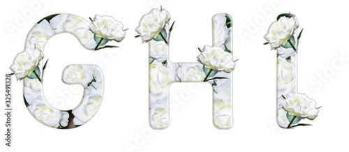 English letters G, H, I from white roses