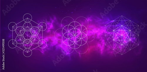 Vector cosmic illustration. Colorful space background with sacred geometry symbols