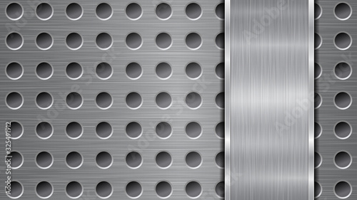 Background in silver and gray colors, consisting of a perforated metallic surface with holes and one vertical polished plate located on right side, with a metal texture, glares and shiny edges
