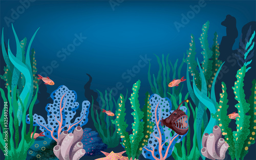 Vector illustration of the seabed with fish and marine plants.