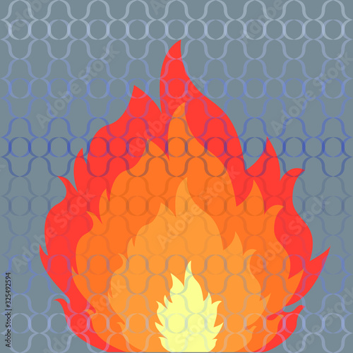 a fire behind a metal fence. poster hot flame on a gray background.