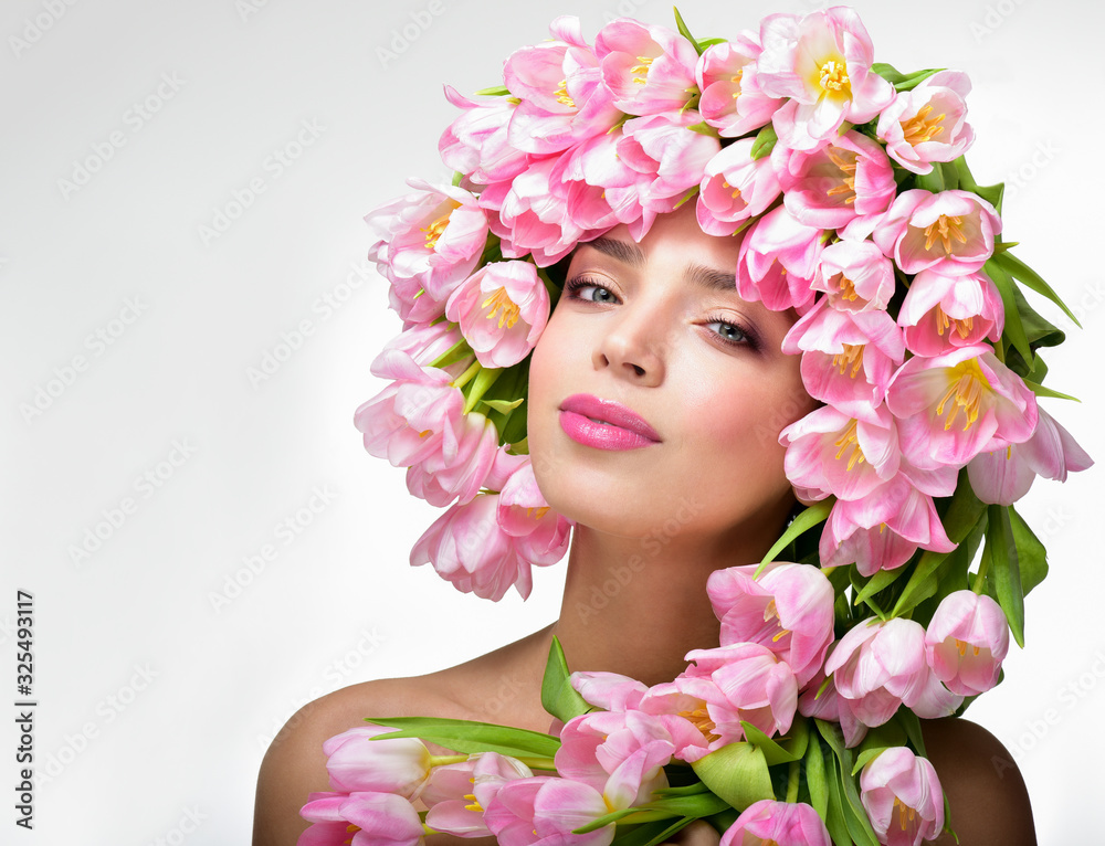 Beauty Spring Girl with Flowers Hair Style.  Spring Flower.Springtime.