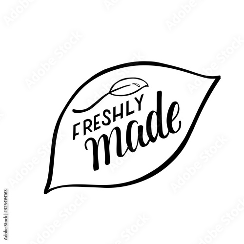 Freshly made – sign for prints on paper used in bakery, package for pastries, wrap for pastry, sticker for food, burgers and salad to take away. Vector stock illustration isolated on background. EPS