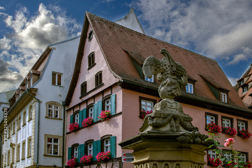 BAMBERG. GERMANY.On  september 14 2019. Bamberg Statue  on the background аacade of medieval house. Attraction of Bamberg.  Europe. European travel.