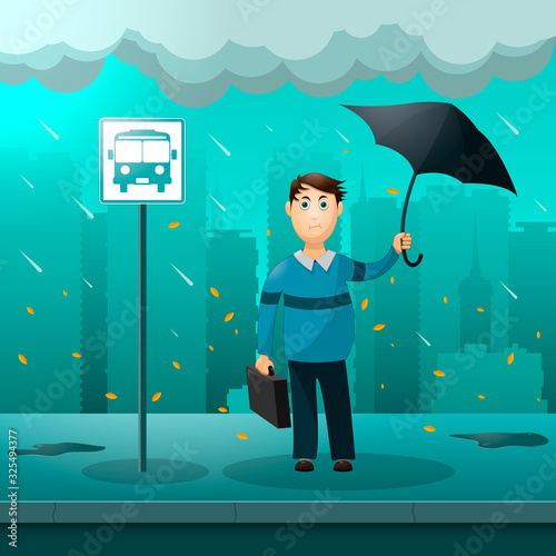Man with umbrella at a bus stop in rainy weather.