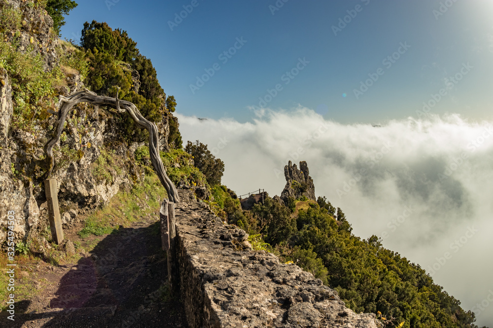 Old mountain rural trail in the mountains of the island . Evening clouds and fog crawling on the wooded hills in the background. Warm cozy evening in the mountains of the El Hierro Island, Spain