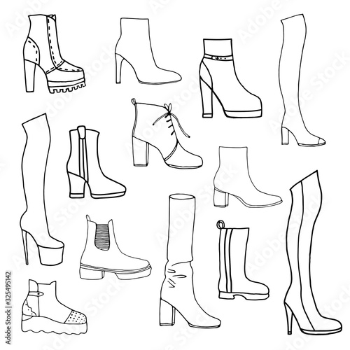 Women shoes collection on white background. Fashion hand drawn illustration. 