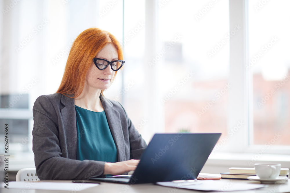 Portrait of red haired female boss using laptop while sitting against window in office, copy space Portrait of red haired female boss using laptop while sitting against window in office, copy space