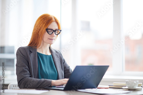 Portrait of red haired female boss using laptop while sitting against window in office, copy space