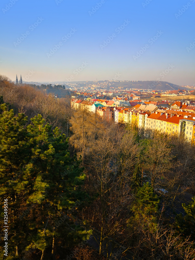 Green trees in the park, wide view to the Prague from the bridge
