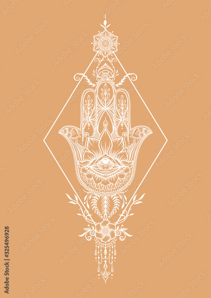 Ornate hand drawn hamsa. Popular Arabic and Jewish amulet. Vector illustration. Outline,v isolated on white background.