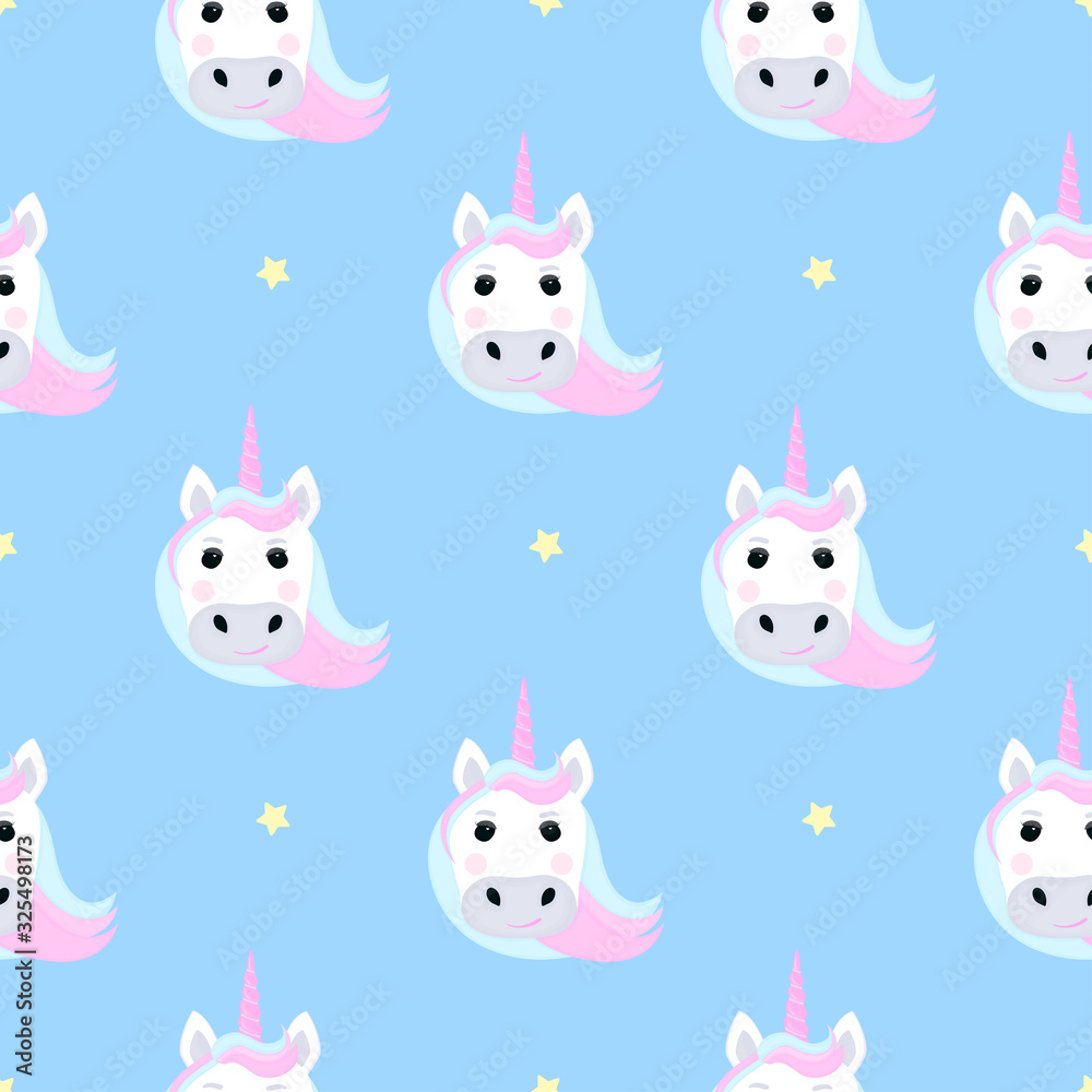 Funny unicorn and stars. Seamless pattern for the decoration of the nursery for a girl or boy, for the design of kids clothing, things Funny unicorn and stars. Seamless pattern for the decoration of the nursery for a girl or boy, for the design of kids clothing, things