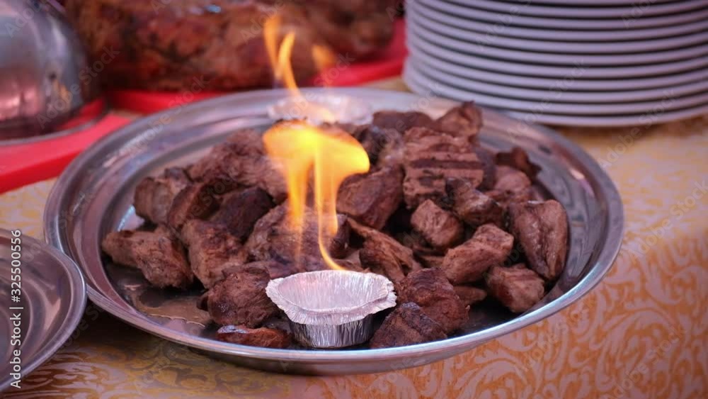 Barbecue dish. Spectacular performance with fire. HD Barbecue dish. Spectacular performance with fire. HD
