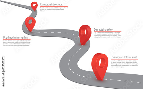Highway road infographic. Highway road with GPS sign on it. Vector Infographic with a tortuous road. Gps navigate blank asphalt highways marker sign 3d vector concept.