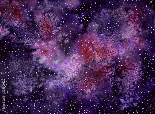 Hand painting watercolor space texture with glowing stars. Perfect for postcard  fabric print  decoration  etc. 