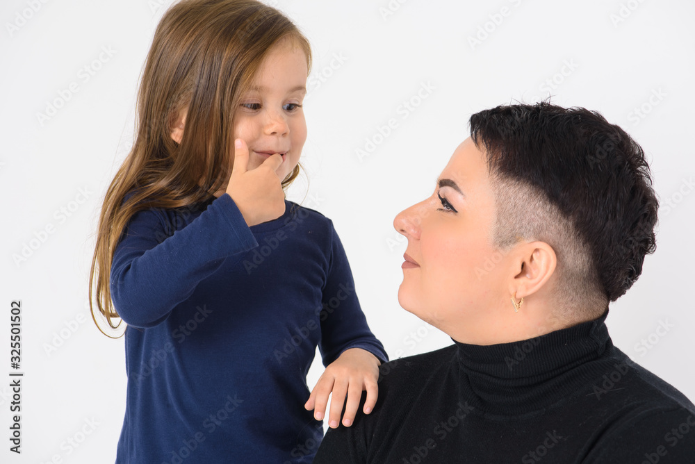 emotional portrait of mom and daughter, on a white background emotional portrait of mom and daughter, on a white background