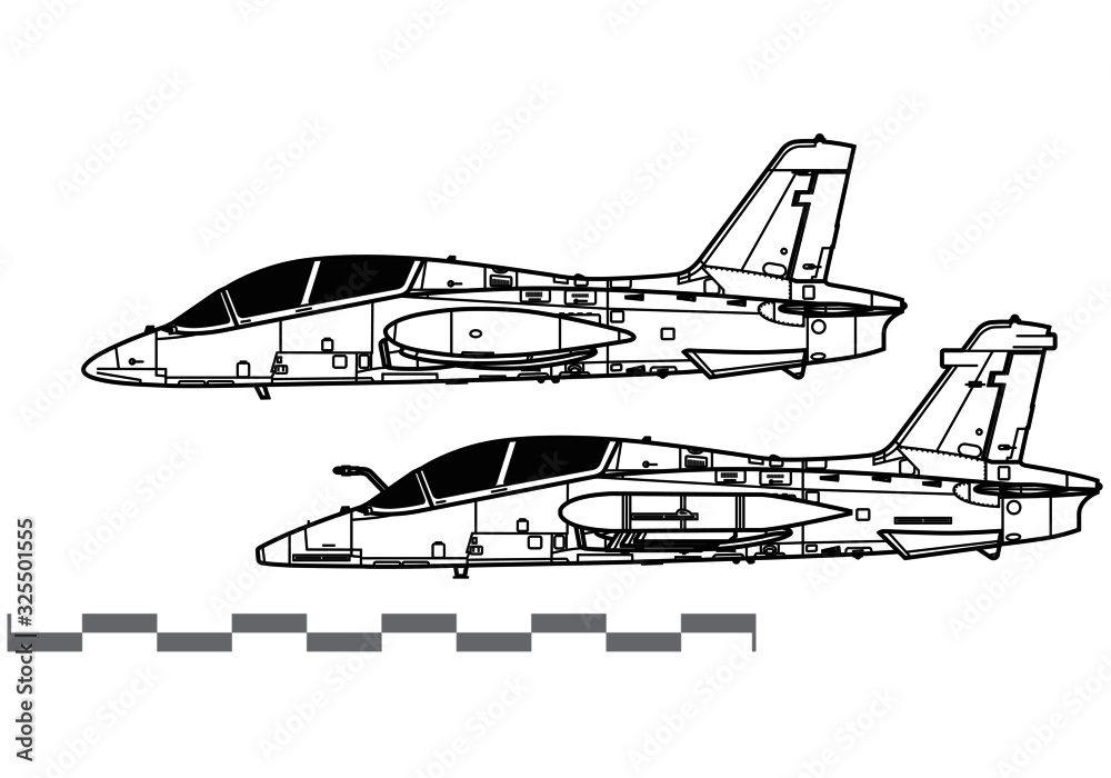 Aermacchi MB-339. Vector drawing of training jet aircraft. Side view. Image for illustration.