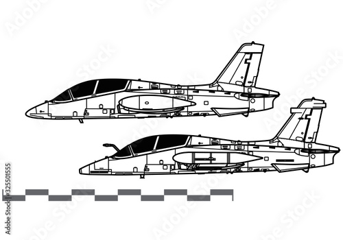 Aermacchi MB-339. Vector drawing of training jet aircraft. Side view. Image for illustration.