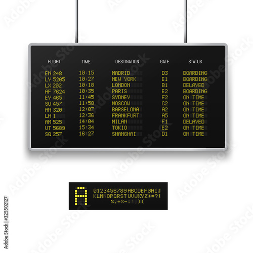 Realistic 3d digital led airport board with flight schedule.