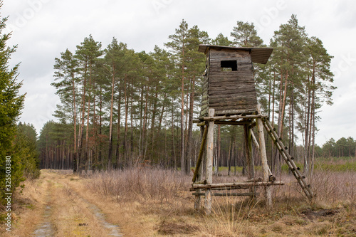 Hunting pulpit standing on the edge of the forest. Wooden structure for hunting. © Piotr