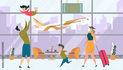 Happy Family Wait Boarding on Airplane in Airport