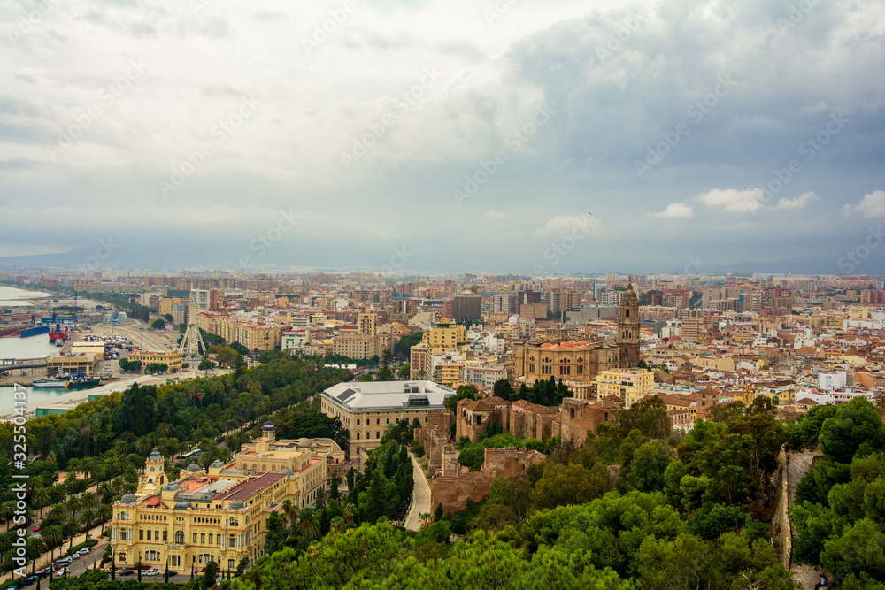 landscape of malaga city, in the south of spain with all the main buildings like mayor town, and cathedral