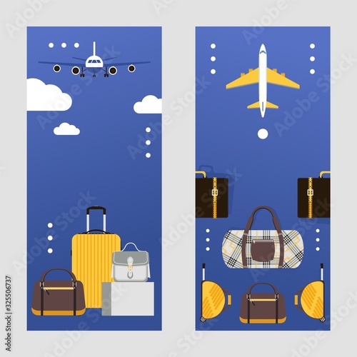 Travel bags on vertical banners, suitcases for airplane flight, vector illustration. Collection of bags, travel accessories shop advertisement campaign. Aircraft baggage store, flat style banners