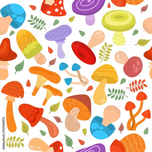 Mushrooms and leaves autumn seamless pattern vector illustration. Different colorful mushrooms edible and eatable toadstool collection isolated set background wallpaper.
