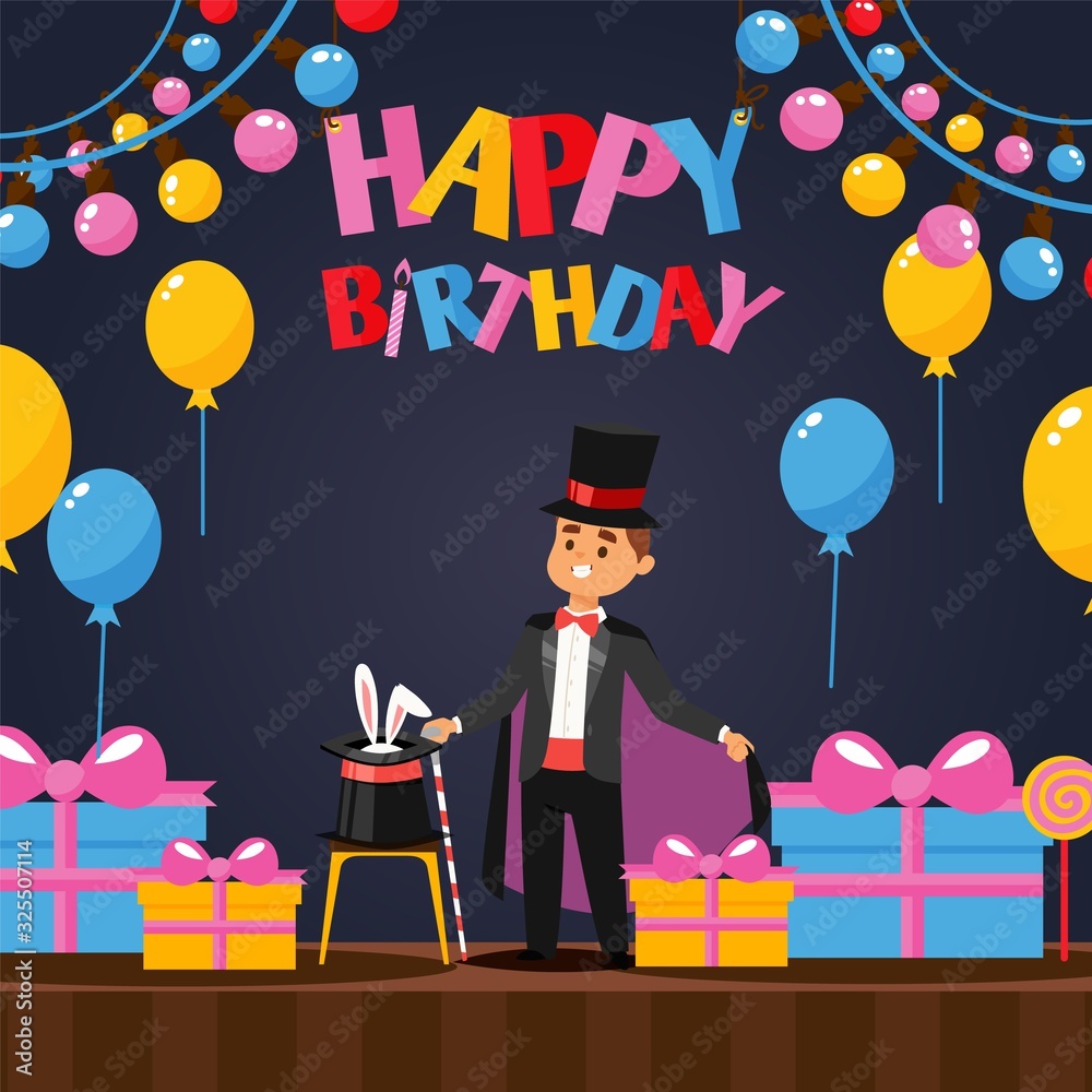 Man performing magic tricks at birthday party, vector illustration ...
