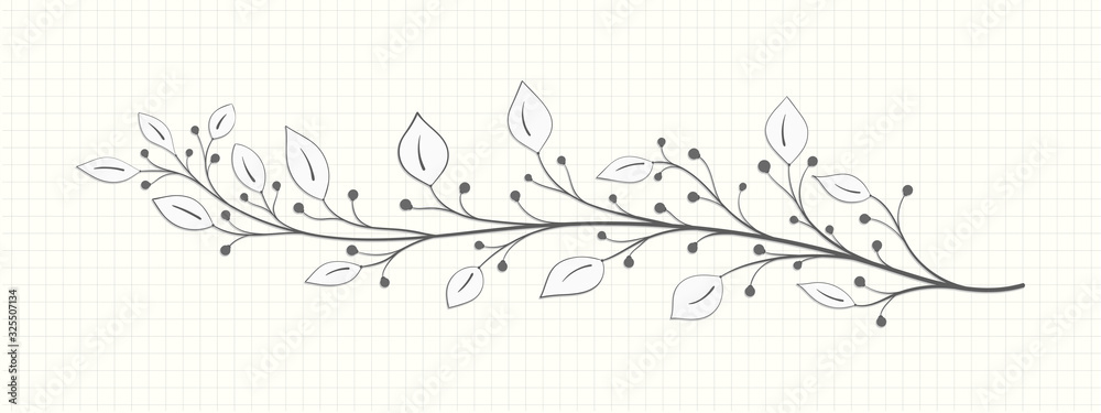Branch with leaves and berries in a gray tone on a notebook page in vintage style on a light background