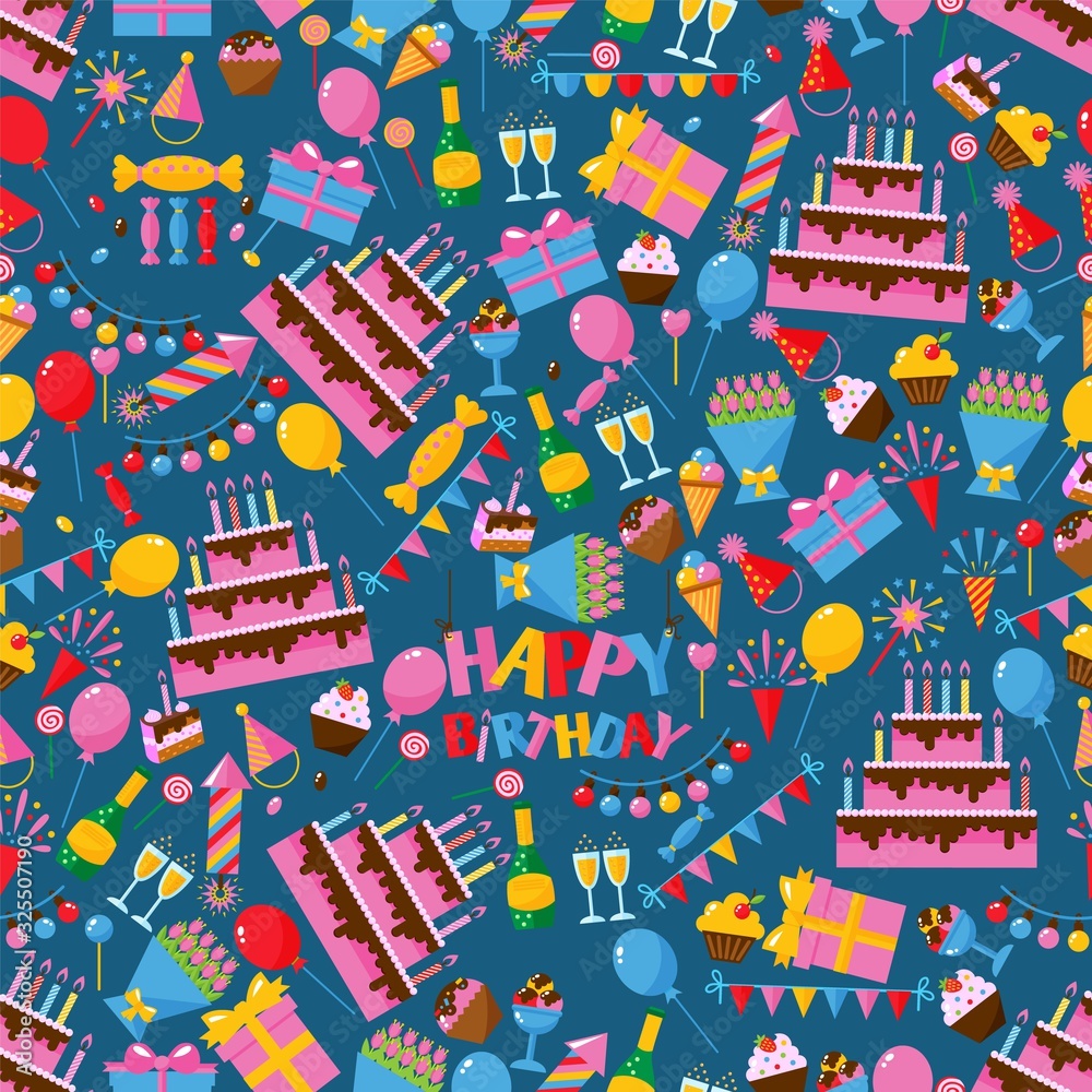 Happy birthday seamless pattern, celebration party icons, vector illustration. Birthday cake with candles, colorful balloons, gift boxes, sweets and garlands in flat style. Wrapping paper for presents