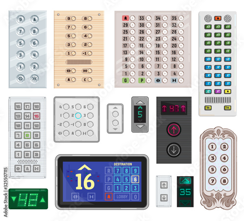 Elevator buttons menu isolated vector illustration set. UI UX up and down button lift control panels in modern and vintage design for transportation indooors. Collection elevating buttons table screen