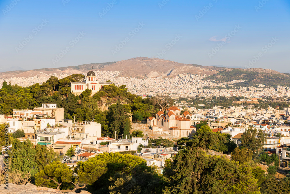 View of Athens from Areopagus. Famous places in Athens - capital of Greece. Ancient monuments.