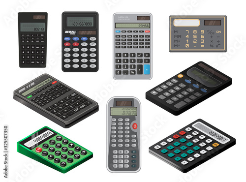 Calculator electronic technology displays with buttons vector illustration set. Different calculating tools for education and business accounting. Counting and studying equipment for calculation.
