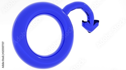 Impotent male mars symbol, concept of erectile dysfunction, blue badge on white background, 3d illustration.