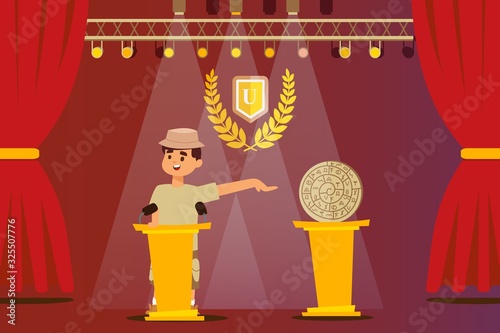Archeologist presenting his discovery historic artifact of ancient civilization, vector illustration. Man cartoon character on stage, scientific conference presentation speaker, archeological artifact