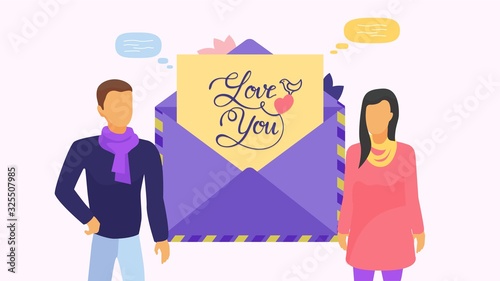 Couple of people man, woman and envelope with card and lettering love you vec...