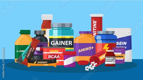 Sport nutrition biologically active additives supplements vector illustration. Jars with sport nutrition pills for athletes bodybuilders. Protein and energy bar, carnitine, bcaa, amino acid, gainer.