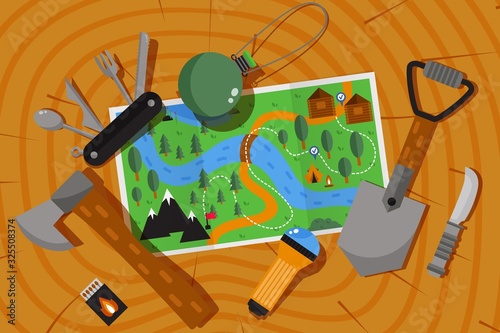 Expedition adventure map, hiking and camping outdoor in nature, vector illustration. Prepare useful equipment for outdoor adventure, expedition plan. Trekking and hiking in nature, map, spade and ax