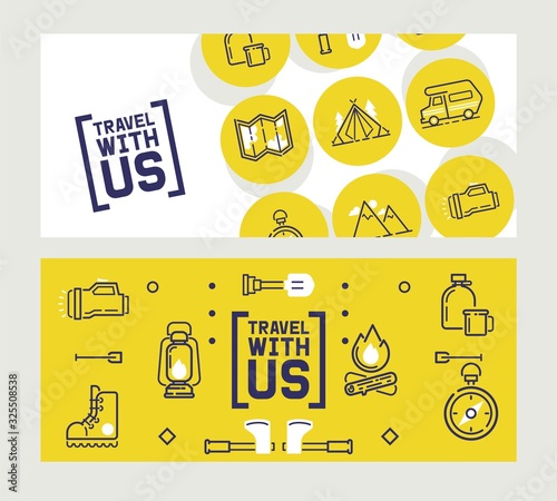 Camping banner with isolated icons, travel brochure, outdoor adventure booklet, vector illustration. Travel icons with camping van, map, compass, tent and campfire. Outdoor equipment store banner
