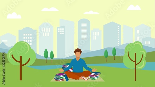Student young man meditates in city urban park vector illustration. Meditating guy sitting on grass in yoga lotus position with many books reading learning for session examination. © creativeteam