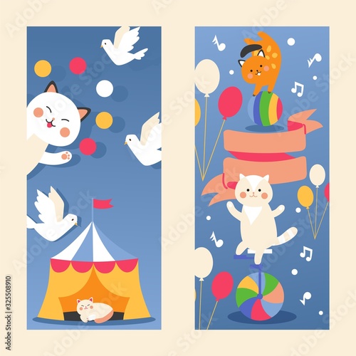 Circus cat vertical banner, cute kitten pet, trained animal cartoon character, vector illustration. Funny cards with cats in flat style, circus animal performing stunts and tricks. Fairground