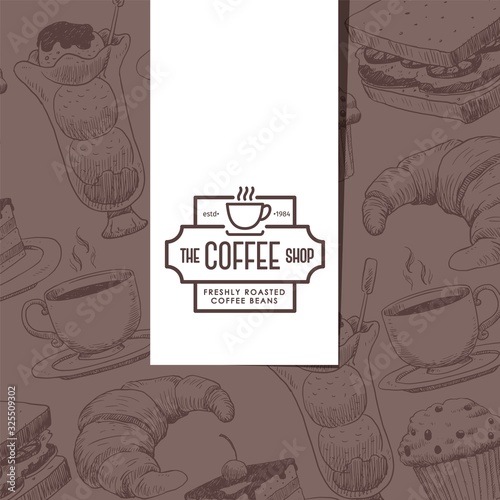 Cafe menu cover, coffee house emblem, bakery shop packaging paper, vector illustration. Coffee shop icon, graphic drawings of cup and pastry products, hand drawn croissant, cake and ice cream cafe