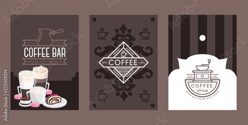 Coffee shop banners, cafe menu cover, line icons for coffee house, vector illustration. Bakery poster with cappuccino and dessert cake. Decorative banner template for cafe, patisserie or restaurant