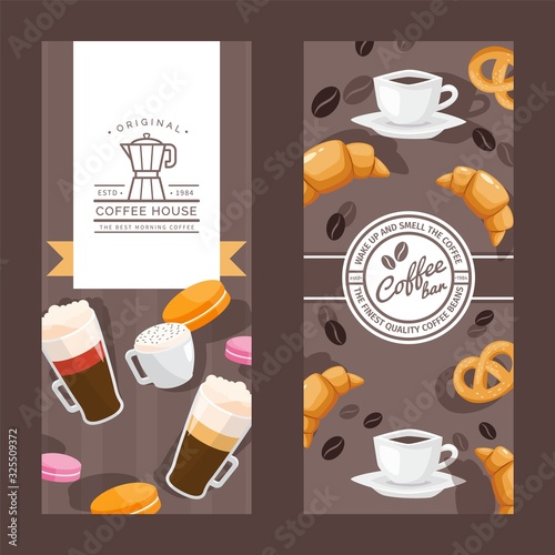 Coffee house vertical banners, cafe menu cover, emblem for coffee shop, vector illustration. Bakery flyer with cappuccino and croissant. Decorative banner template for cafe, patisserie or bakeshop