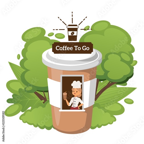 Coffee to go kiosk in shape of paper cup, woman selling coffee in small shop, vector illustration. Cafe stall in summer park, cartoon character in chef uniform sell chocolate drink to go, street kiosk