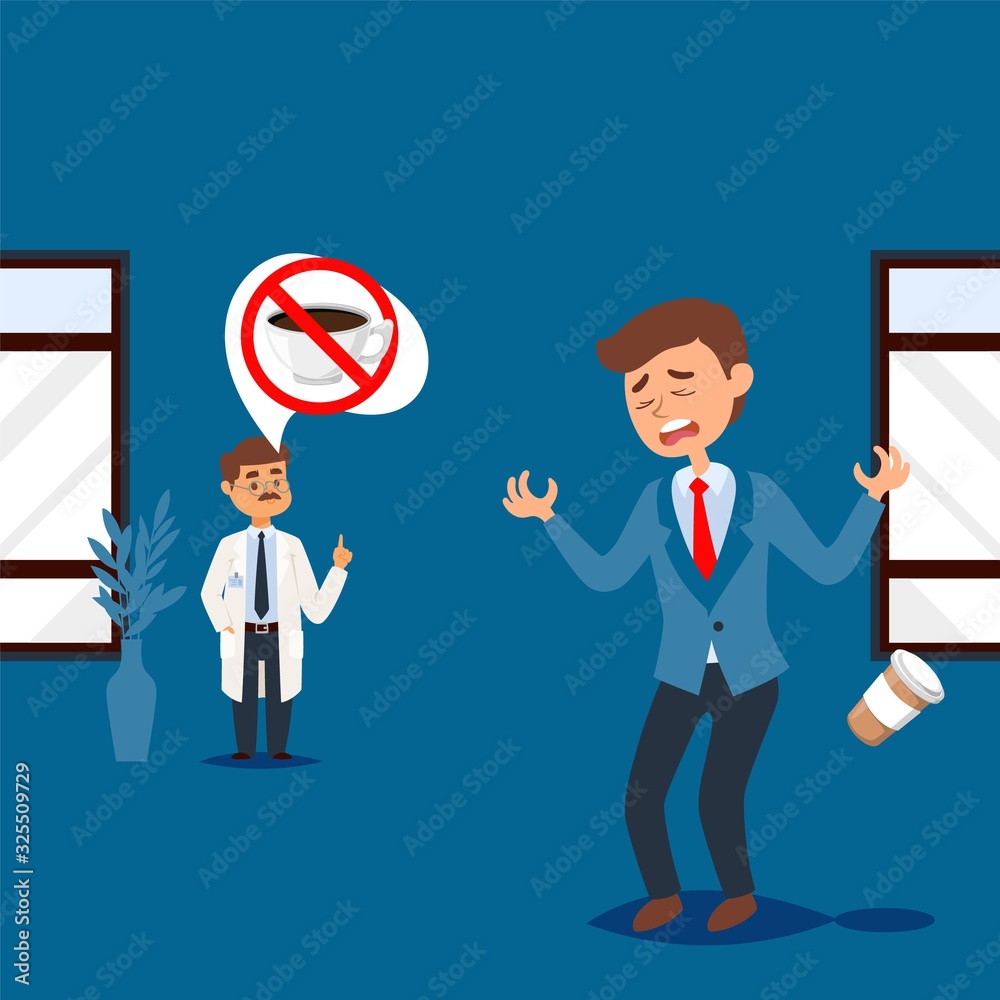 Doctor forbids coffee, upset man with medical restriction diet, people in healthcare clinic, vector illustration. Disappointed patient cartoon character allergic to coffee. Doctor consultation advice