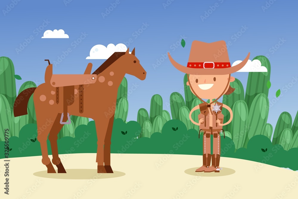 Cowboy sheriff cartoon character with horse, wild west people, vector
